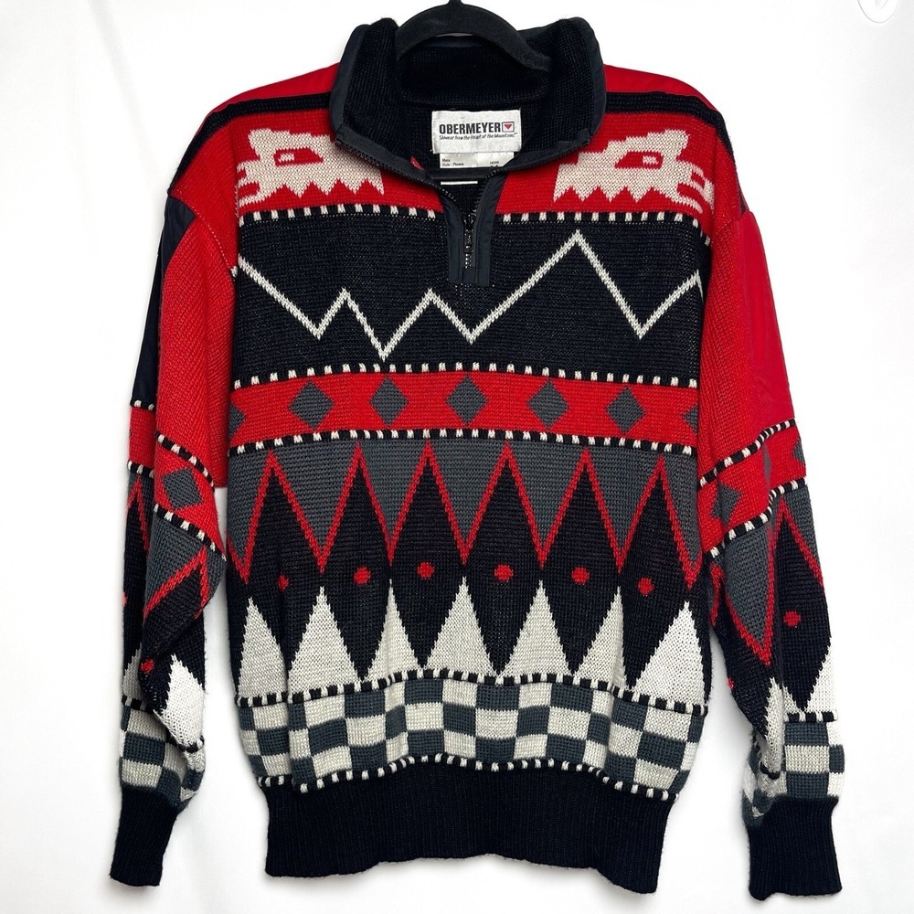 Vintage 90s Ski Sweater Mens‎ M Black Red Fair Isle Apres Nordic OBERMEYER Aztec